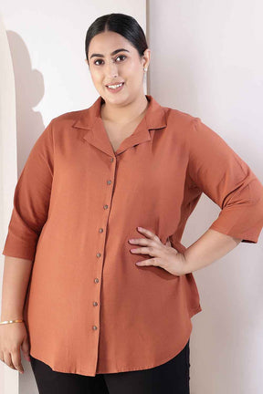 Plus Size  Mocha Brown Cotton Linen Cuban Collar Shirt