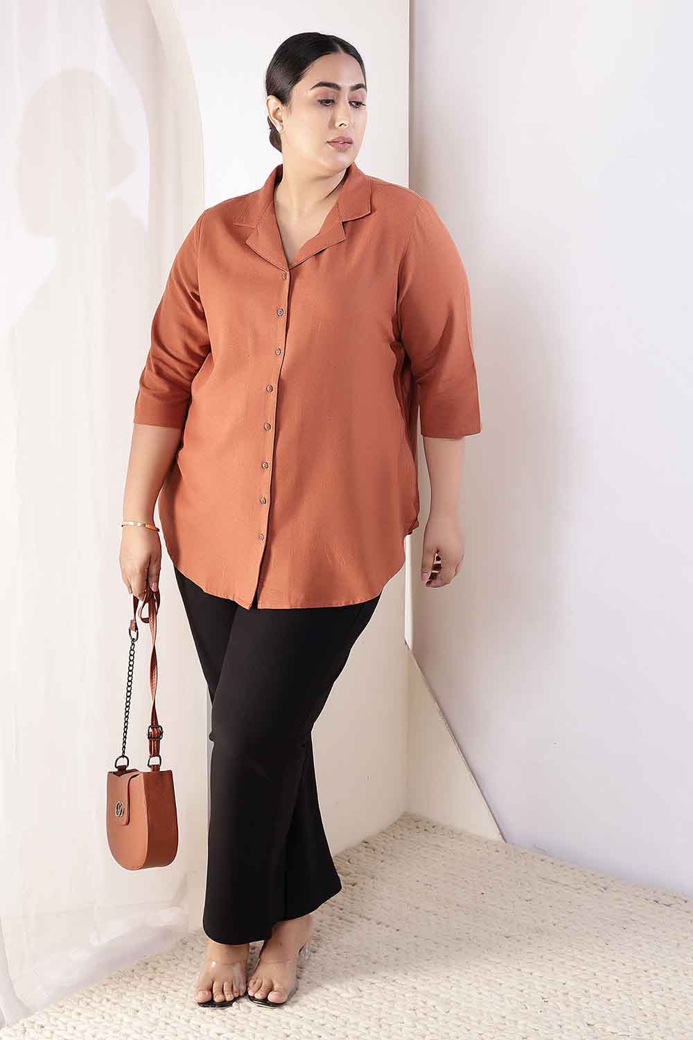 Plus Size Rust Brown Cotton Linen Cuban Collar Shirt