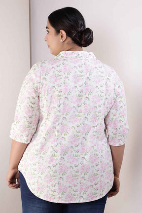 Plus Size Pink Floral Cuban Collar Cotton Shirt