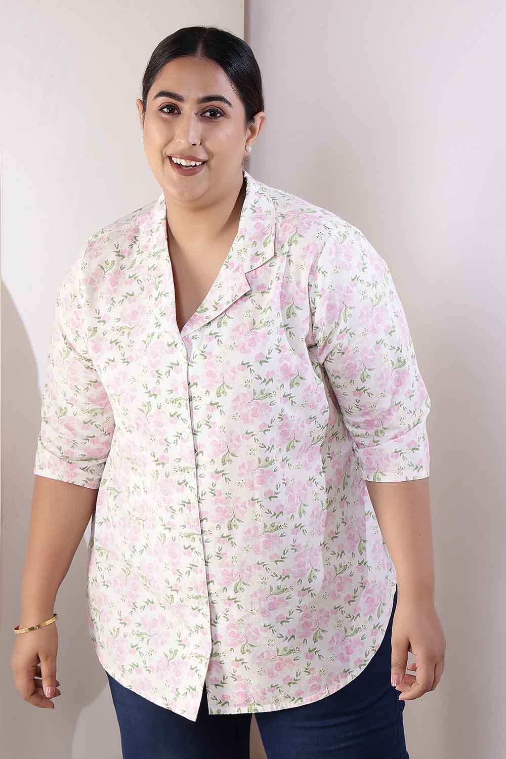 Plus Size Plus Size Pink Floral Cuban Collar Cotton Shirt