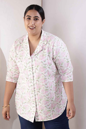 Plus Size Pink Floral Cuban Collar Cotton Shirt