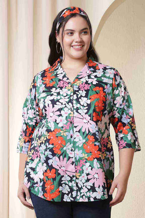 Plus Size Multicolor Floral Print Cuban Collar Cotton Shirt