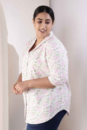 Plus Size Pink Floral Cuban Collar Cotton Shirt