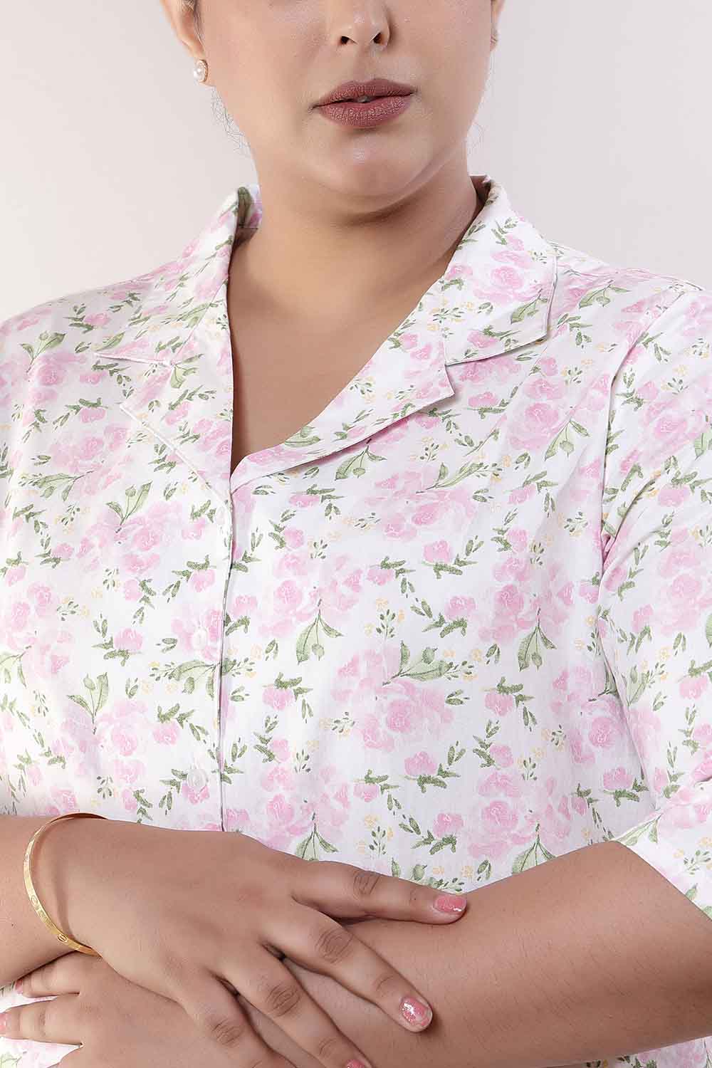 Comfortable Plus Size Pink Floral Cuban Collar Cotton Shirt