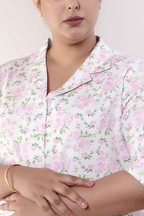Plus Size Pink Floral Cuban Collar Cotton Shirt