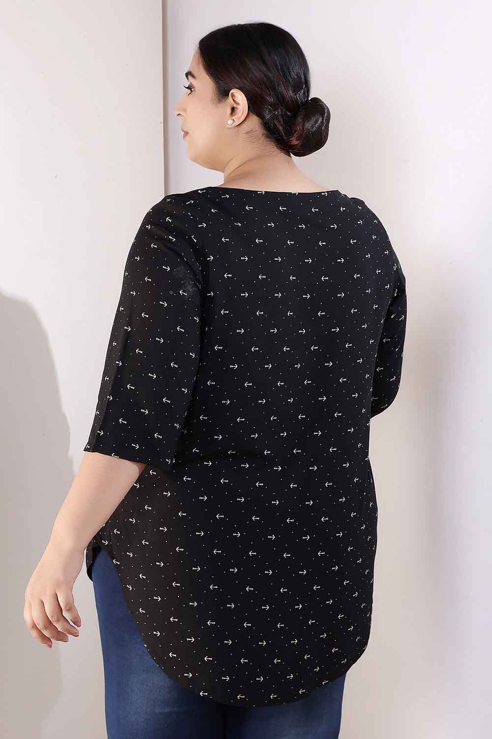 Plus Size Black Anchor Print Rayon V-Neck Top