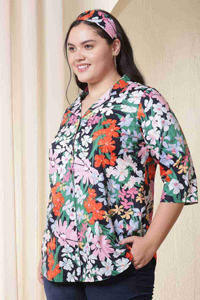 Plus Size Multicolor Floral Print Cuban Collar Cotton Shirt