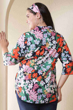 Plus Size Multicolor Floral Print Cuban Collar Cotton Shirt