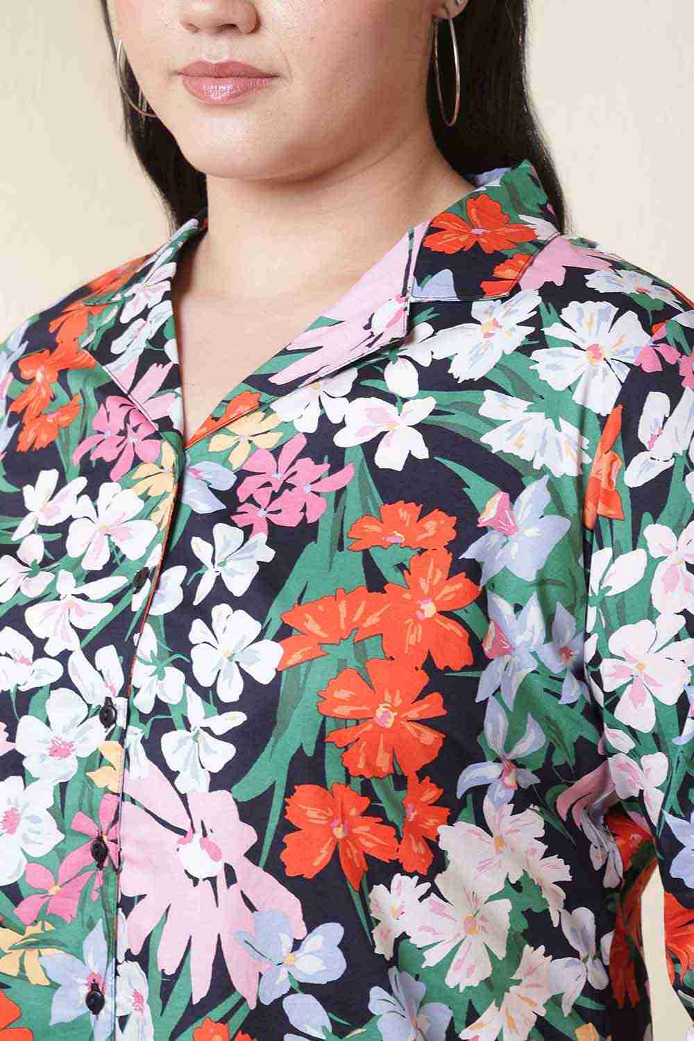 Comfortable Plus Size Multicolor Floral Print Cuban Collar Cotton Shirt