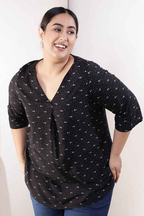 Plus Size Black Anchor Print Rayon V-Neck Top