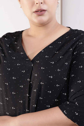 Plus Size Black Anchor Print Rayon V-Neck Top