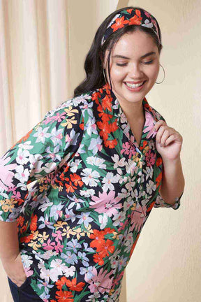 Plus Size Multicolor Floral Print Cuban Collar Cotton Shirt