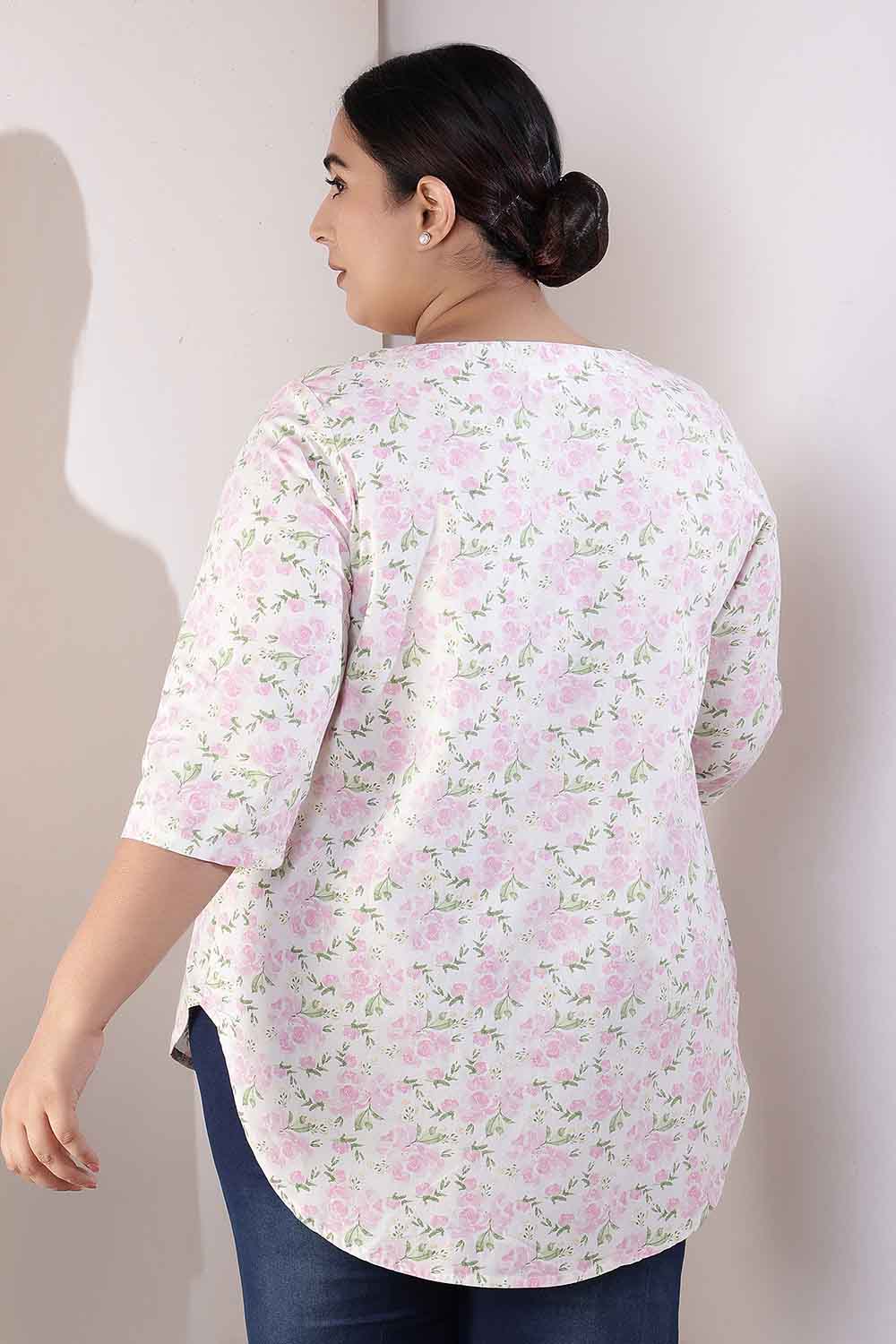 Plus Size Pink Floral Cotton V-Neck Top