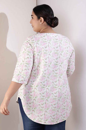 Plus Size Pink Floral Cotton V-Neck Top