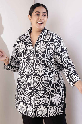 Plus Size Black & White Floral Print High Slit Styled Cuff Cotton Shirt