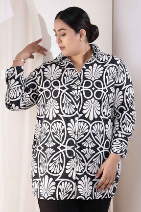 Plus Size Black & White Floral Print High Slit Styled Cuff Cotton Shirt