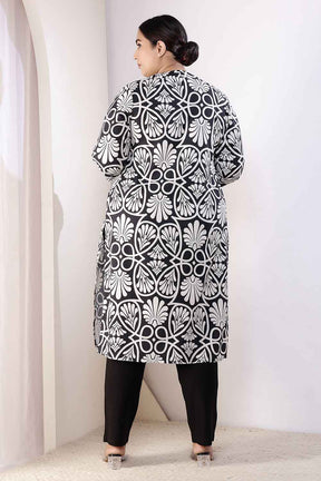 Plus Size Black & White Floral Print V Neck Cotton Kurta