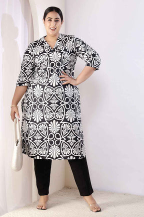 Plus Size Black & White Floral Print V Neck Cotton Kurta