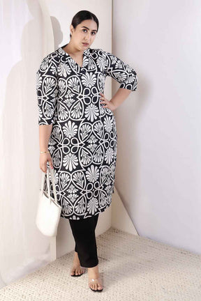 Plus Size Black & White Floral Print V Neck Cotton Kurta