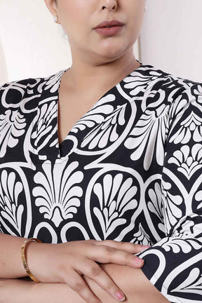 Plus Size Black & White Floral Print V Neck Cotton Kurta