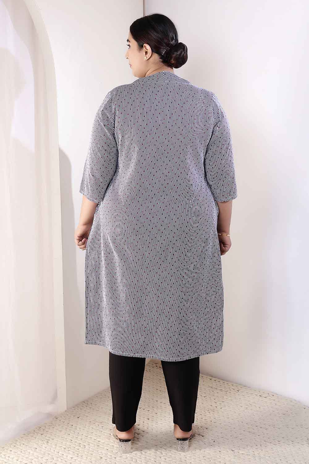 Plus Size Little Beatle Striped V Neck Cotton Kurta