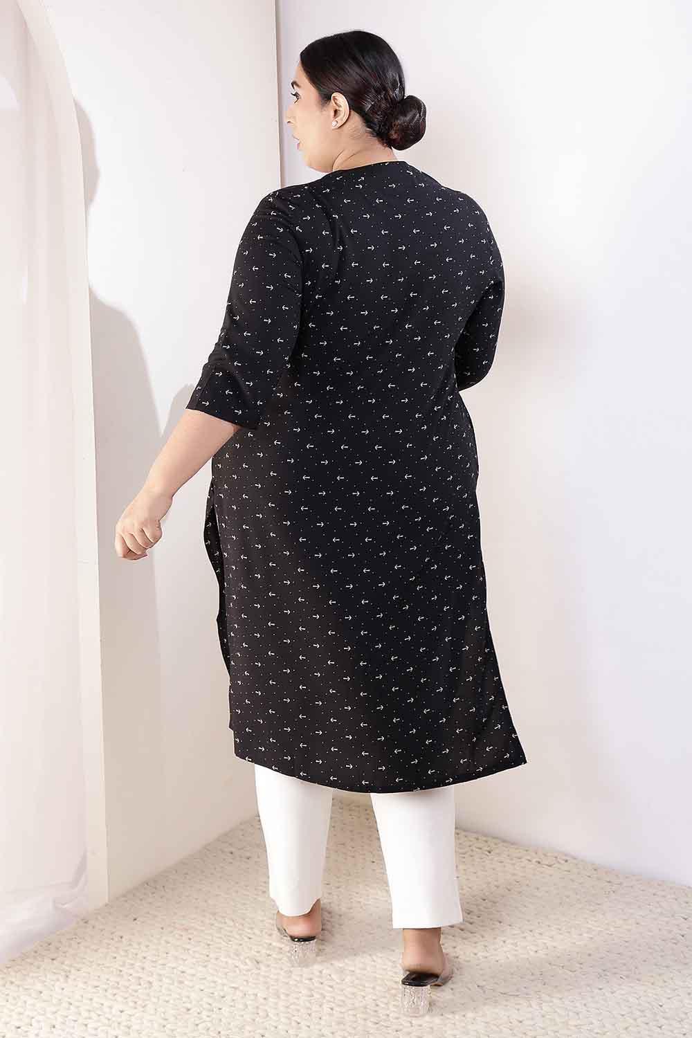 Plus Size Black Anchor Print V Neck Rayon Kurta
