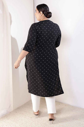 Plus Size Black Anchor Print V Neck Rayon Kurta