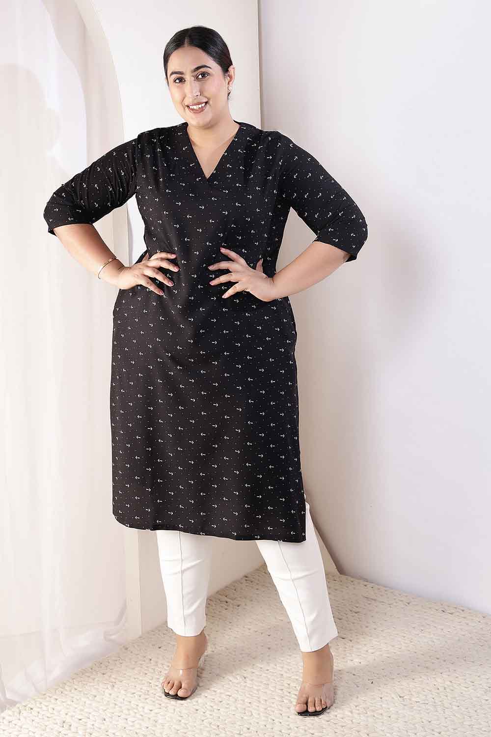 Plus Size Plus Size Black Anchor Print V Neck Rayon Kurta