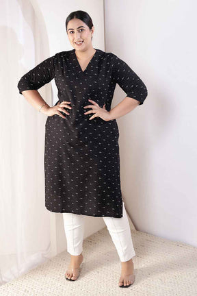 Plus Size Black Anchor Print V Neck Rayon Kurta