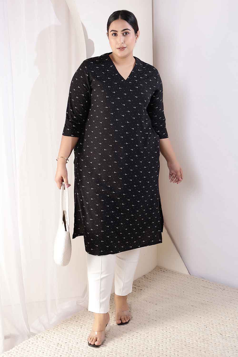 Plus Size Black Anchor Print V Neck Rayon Kurta for Women
