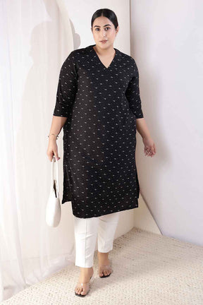Plus Size Black Anchor Print V Neck Rayon Kurta