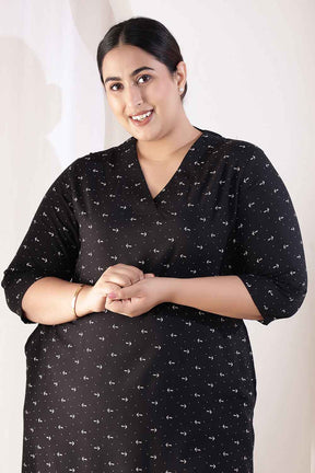Plus Size Black Anchor Print V Neck Rayon Kurta