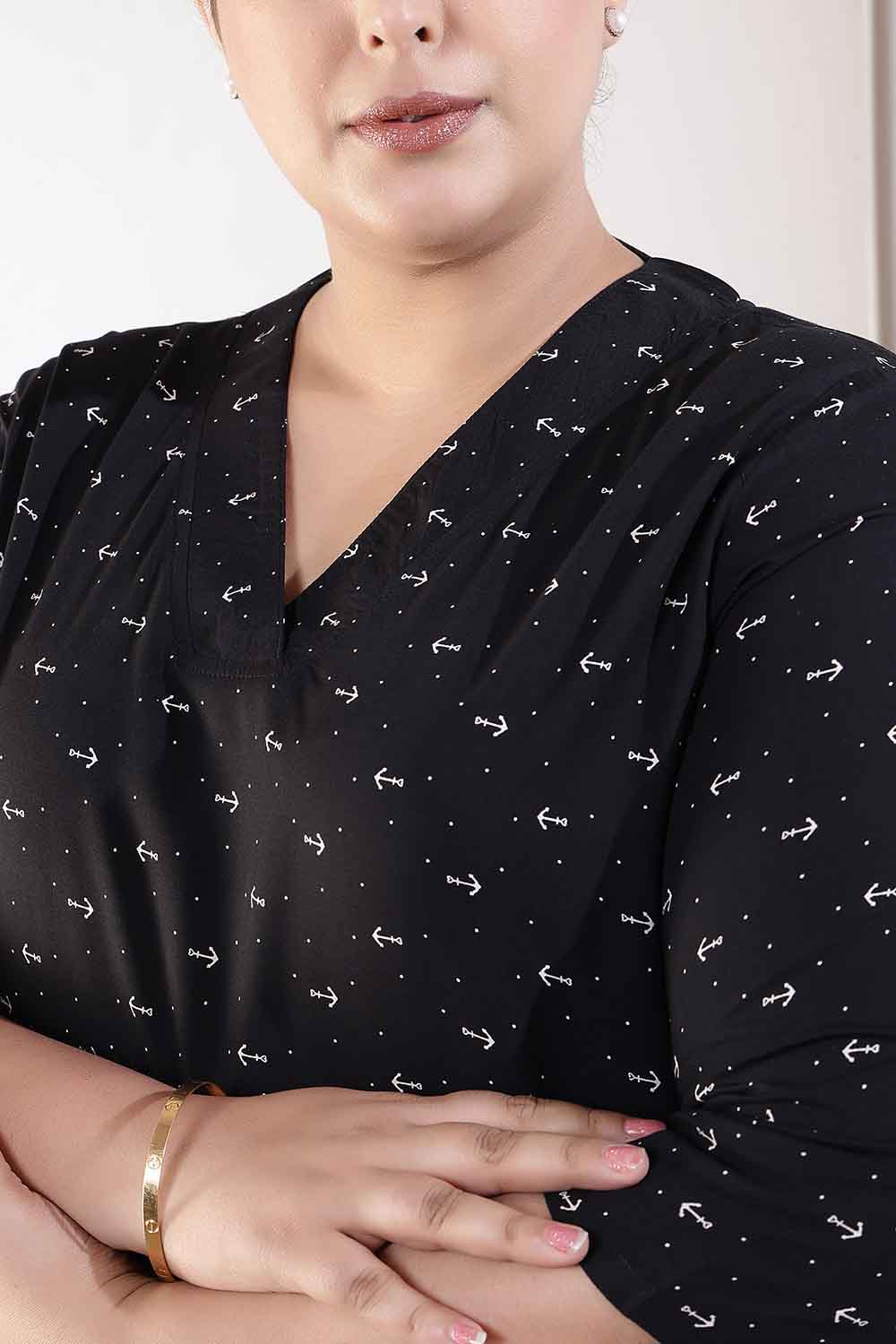 Plus Size Black Anchor Print V Neck Rayon Kurta