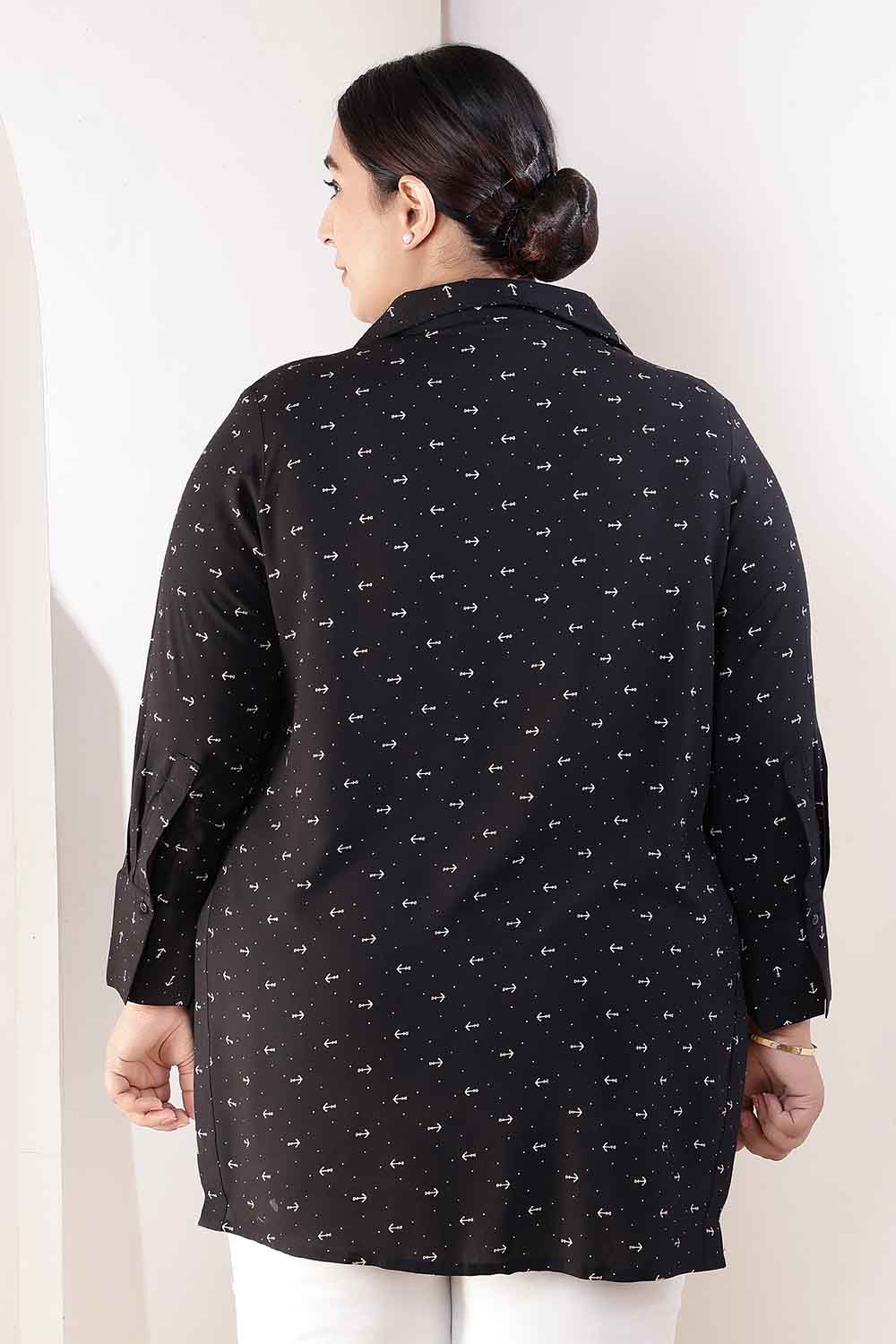 Plus Size Black Anchor Print High Slit Styled Cuff Rayon Shirt