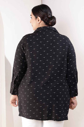Plus Size Black Anchor Print High Slit Styled Cuff Rayon Shirt