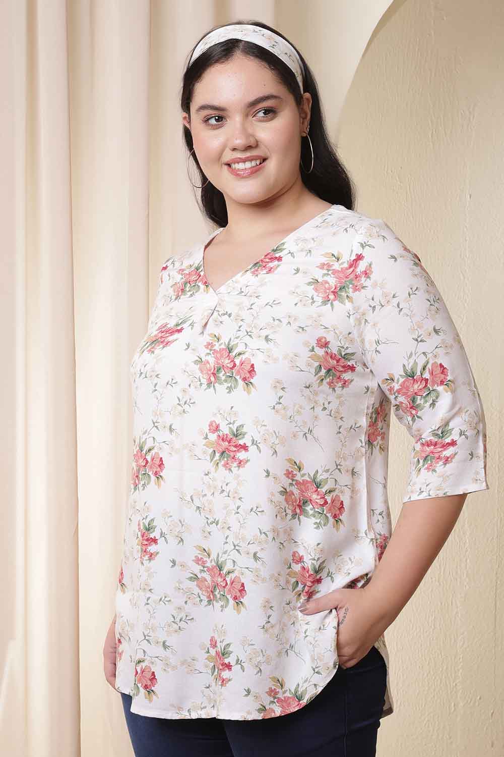 Plus Size White Floral Print V Neck Top for Women