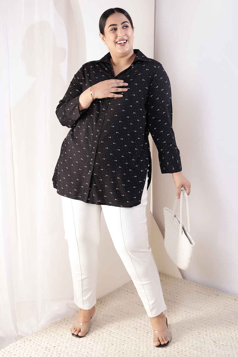 Plus Size Black Anchor Print High Slit Styled Cuff Rayon Shirt for Women