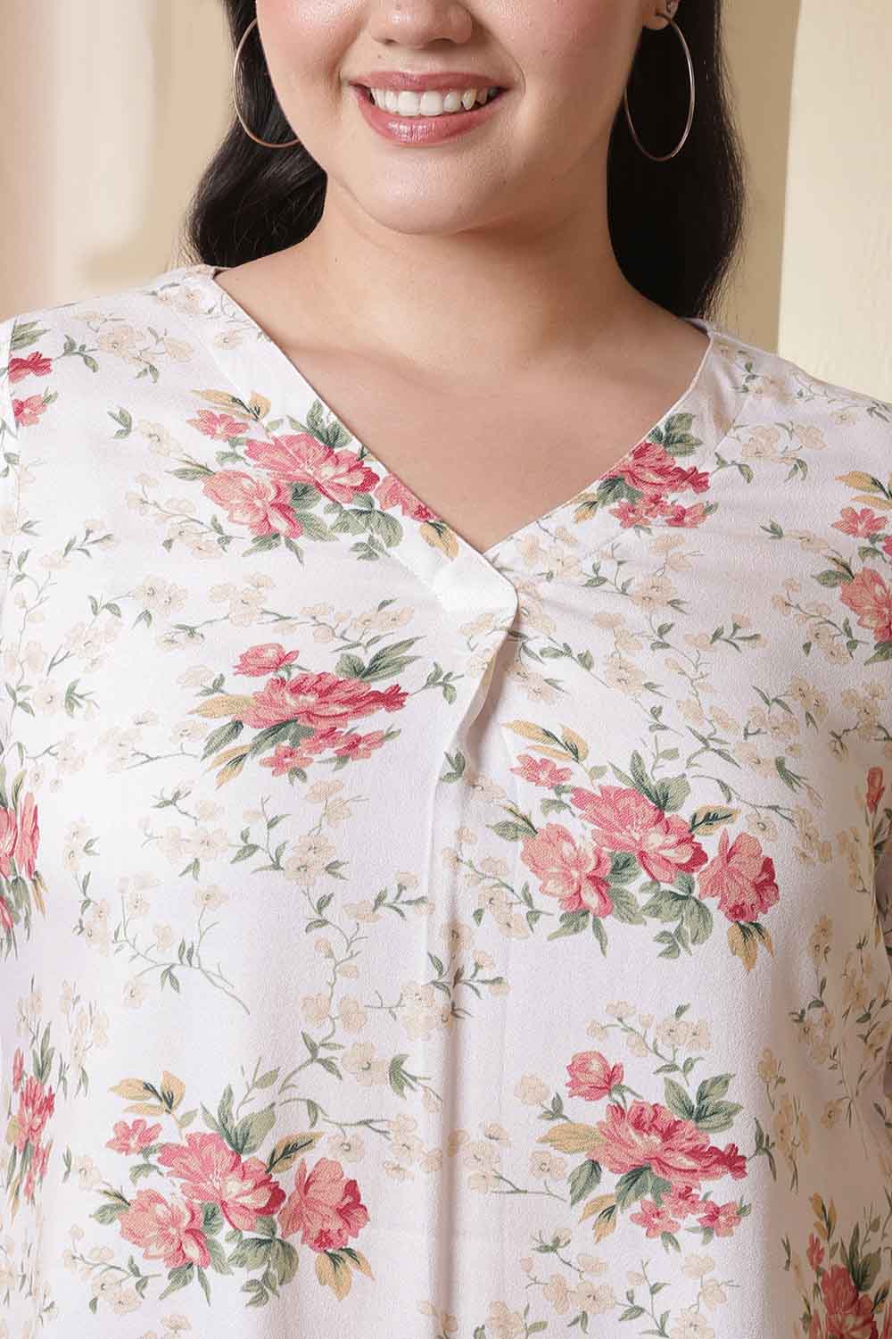 Plus Size White Floral Print V Neck Top