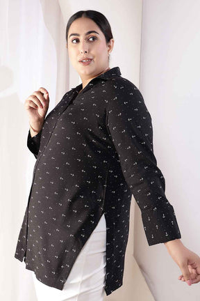 Plus Size Black Anchor Print High Slit Styled Cuff Rayon Shirt