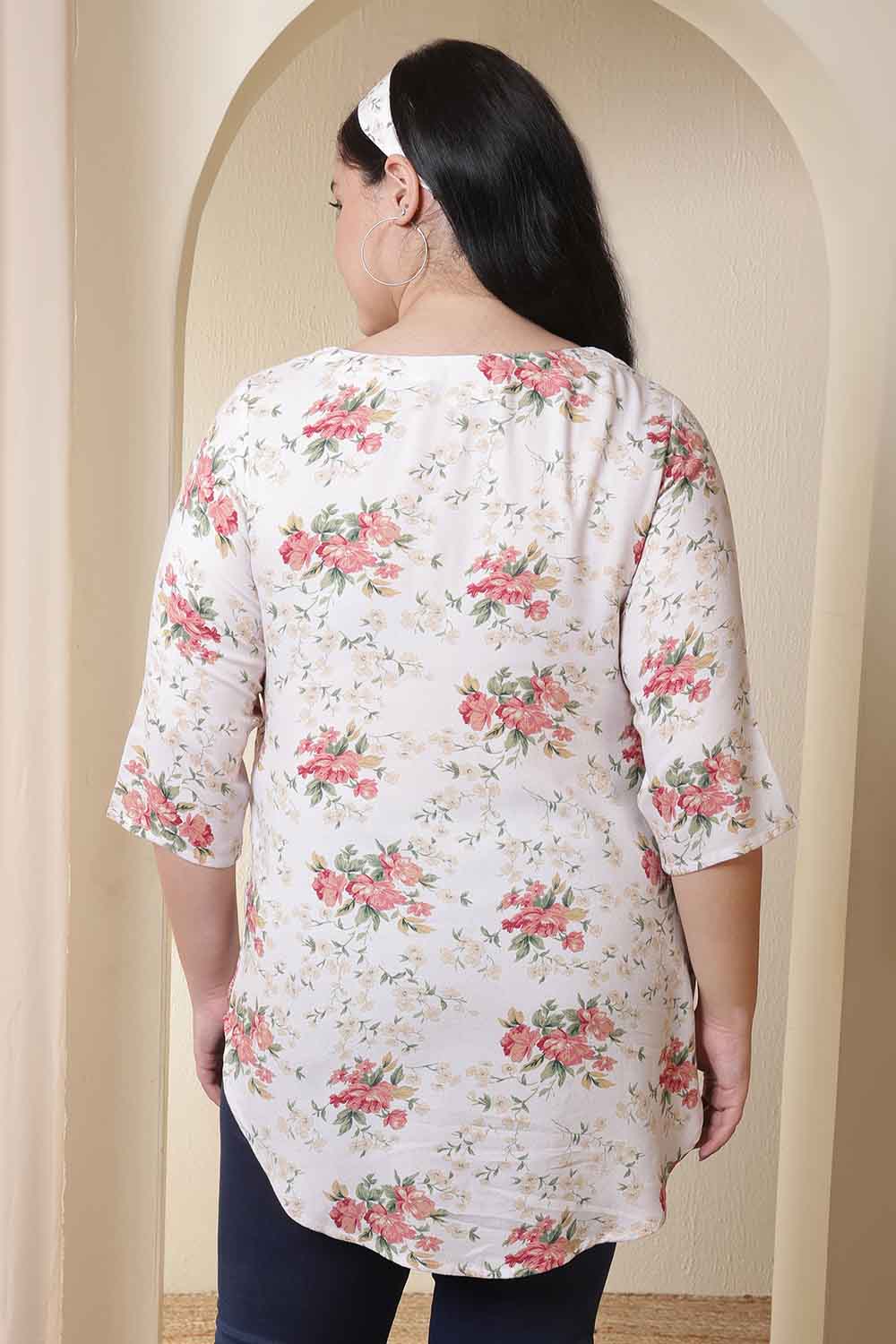 Plus Size White Floral Print V Neck Top