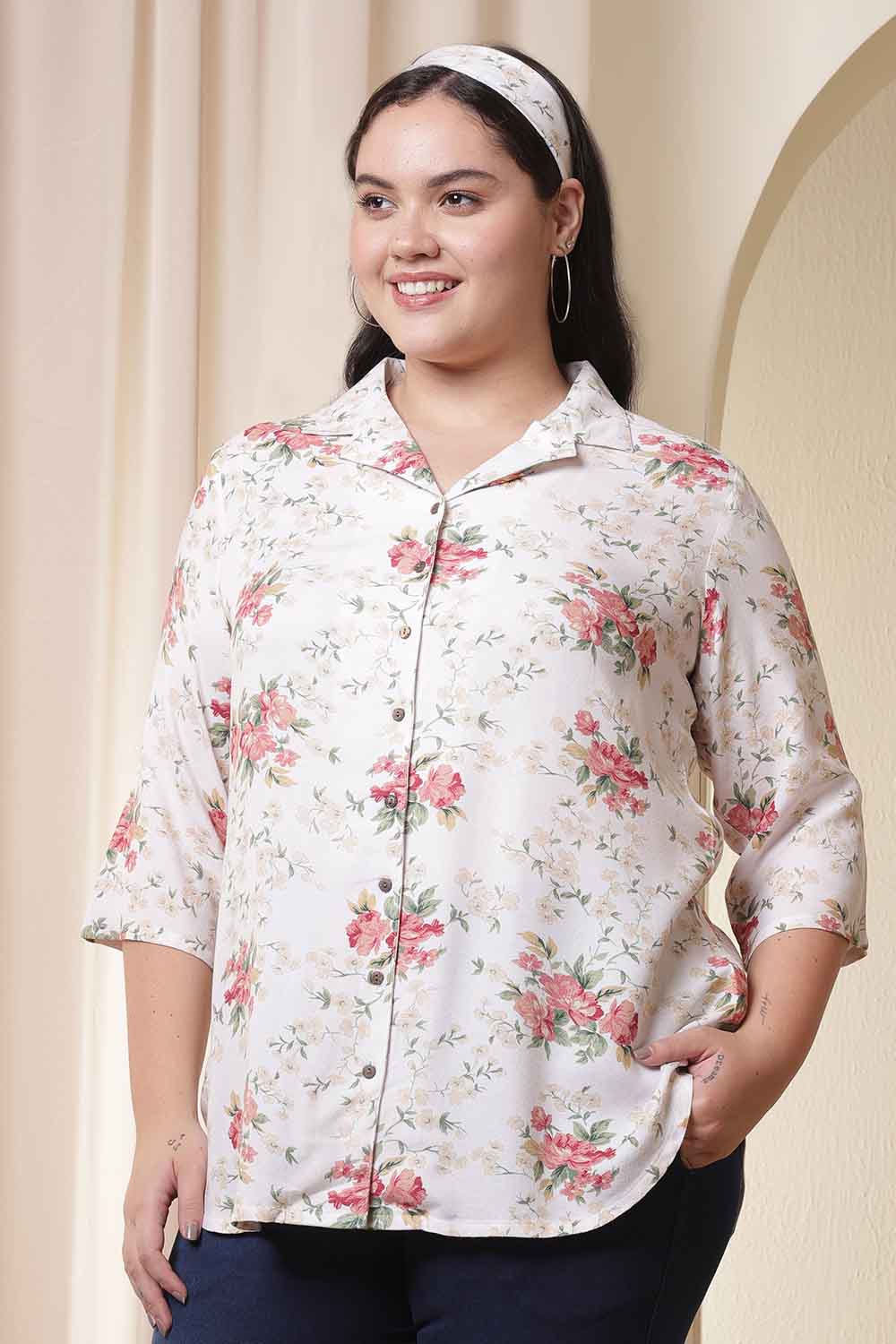 Plus Size Plus Size White Floral Print Cuban Collar Shirt