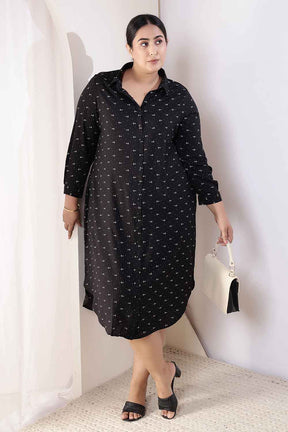Plus Size Black Anchor Print Rayon Shirt Dress