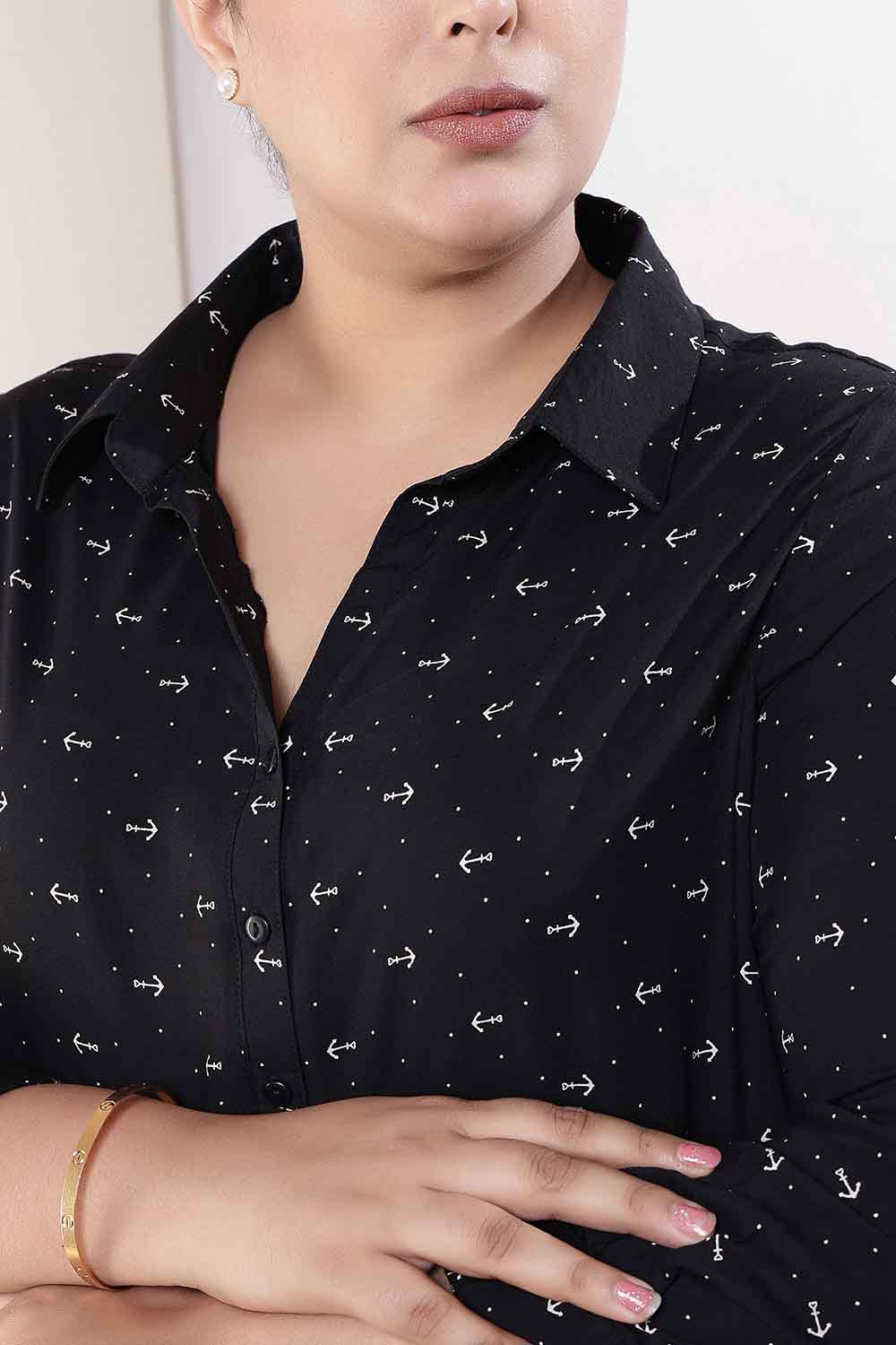 Comfortable Plus Size Black Anchor Print Rayon Shirt Dress