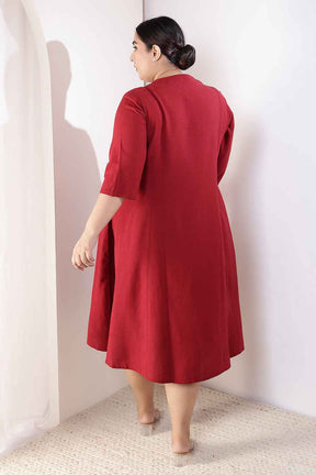 Plus Size Maroon Cotton Linen Midi Dress