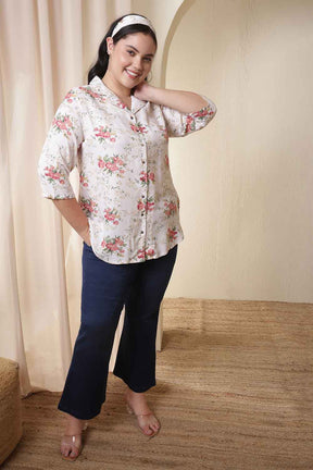 Plus Size White Floral Print Cuban Collar Shirt