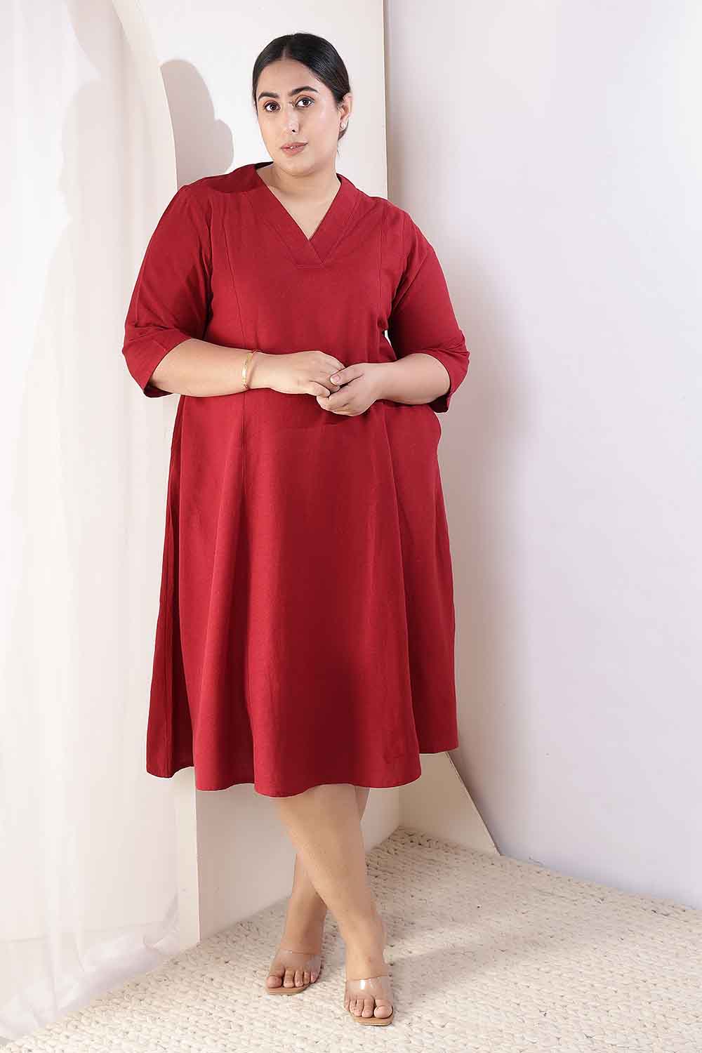 Plus Size Plus Size Maroon Cotton Linen Midi Dress
