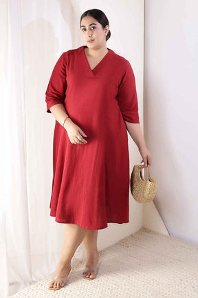 Plus Size Maroon Cotton Linen Midi Dress