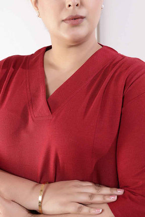 Plus Size Maroon Cotton Linen Midi Dress