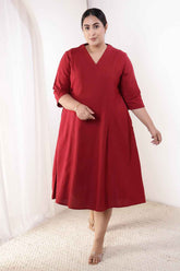 Plus Size Maroon Cotton Linen Midi Dress