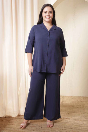 Plus Size Dark Blue Cotton Shirt Coord Set